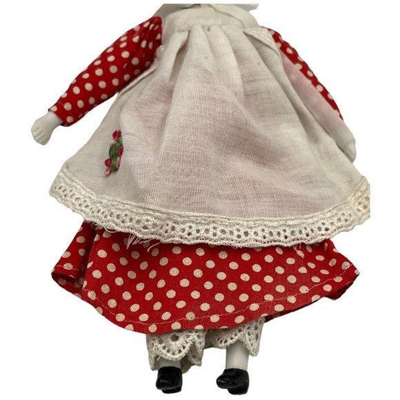 Porcelain Victorian Girl Doll Embroidered Red White Polka Dotted Dress Bonnet - Picture 5 of 15